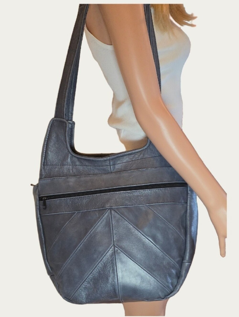 Vintage Slouchy Mexican Chevron Patchwork Leather Hobo Shoulder Bag - Capacious